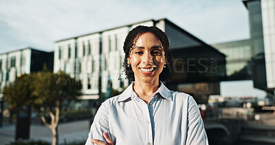 Buy stock photo Portrait, smile and business woman in city for travel, commute and confident real estate agent. Happy worker, professional and realtor outdoor as housing consultant and property broker in Brazil