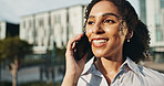 Business woman, agent and city with phone call for real estate deal, negotiation or chat. Female person, realtor or agent talking with smile on mobile smartphone for proposal or discussion in town