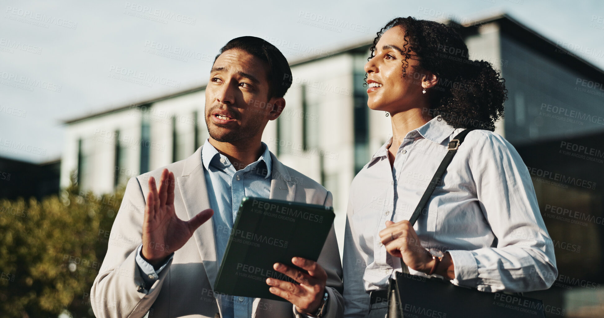 Buy stock photo Business, people and talk with tablet in city for planning, engineer team and urban development. Man, woman or discussion with digital for information, project management and infrastructure expansion