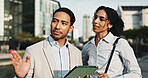 Business, people and point with tablet in city for planning, engineer team and urban development. Man, woman and explain with digital for information, project management and infrastructure expansion