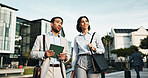 Happy, business and people with tablet in city for planning, engineer team and urban development. Man, woman and talking with digital for information, project management and infrastructure expansion