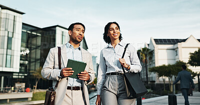 Buy stock photo Happy, business and people with tablet in city for planning, engineer team and urban development. Man, woman and talking with digital for information, project management and infrastructure expansion