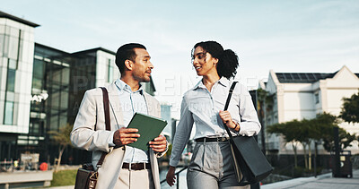 Buy stock photo Business, people and walk with tablet in city for planning, engineer team and urban development. Man, woman and talking with digital for information, project management and infrastructure expansion