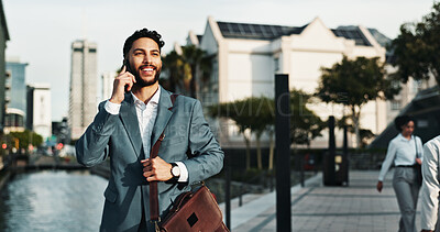 Buy stock photo Business, man and walking with phone call in city for corporate feedback, good news and networking. Briefcase, professional and talking to contact on morning commute for investment proposal and happy