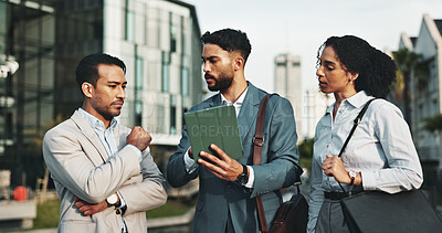 Buy stock photo Tablet, discussion and business people in city for meeting, teamwork and collaboration on urban development. Professional, men and woman on digital tech for research, town planning and conversation