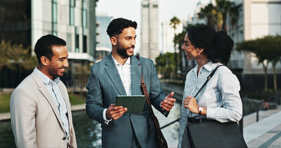 Buy stock photo Meeting, tablet and business people in city for teamwork, discussion and collaboration on urban development. Professional, men and woman on digital tech for research, town planning and conversation