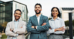 Business people, portrait and confidence with team in city for corporate real estate or agency. Group, employees or realtors with smile or arms crossed for building development or property management
