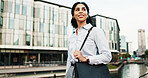 Thinking, walking and business woman in city for morning commute, journey and travel to work. Professional, corporate and person with inspiration to start career, job opportunity and ambition in town