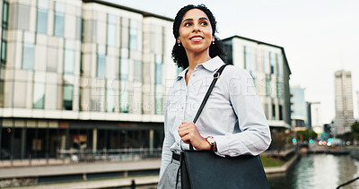 Buy stock photo Thinking, walking and business woman in city for morning commute, journey and travel to work. Professional, corporate and person with inspiration to start career, job opportunity and ambition in town