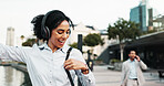 Business, woman and dancing outdoor with headphones for morning commute, music playlist or streaming audio. Professional, energy and happy in city for job opportunity, sound track and travel to work