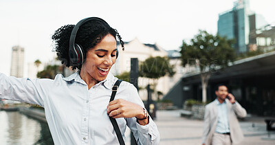 Buy stock photo Business, woman and dancing outdoor with headphones for morning commute, music playlist or streaming audio. Professional, energy and happy in city for job opportunity, sound track and travel to work