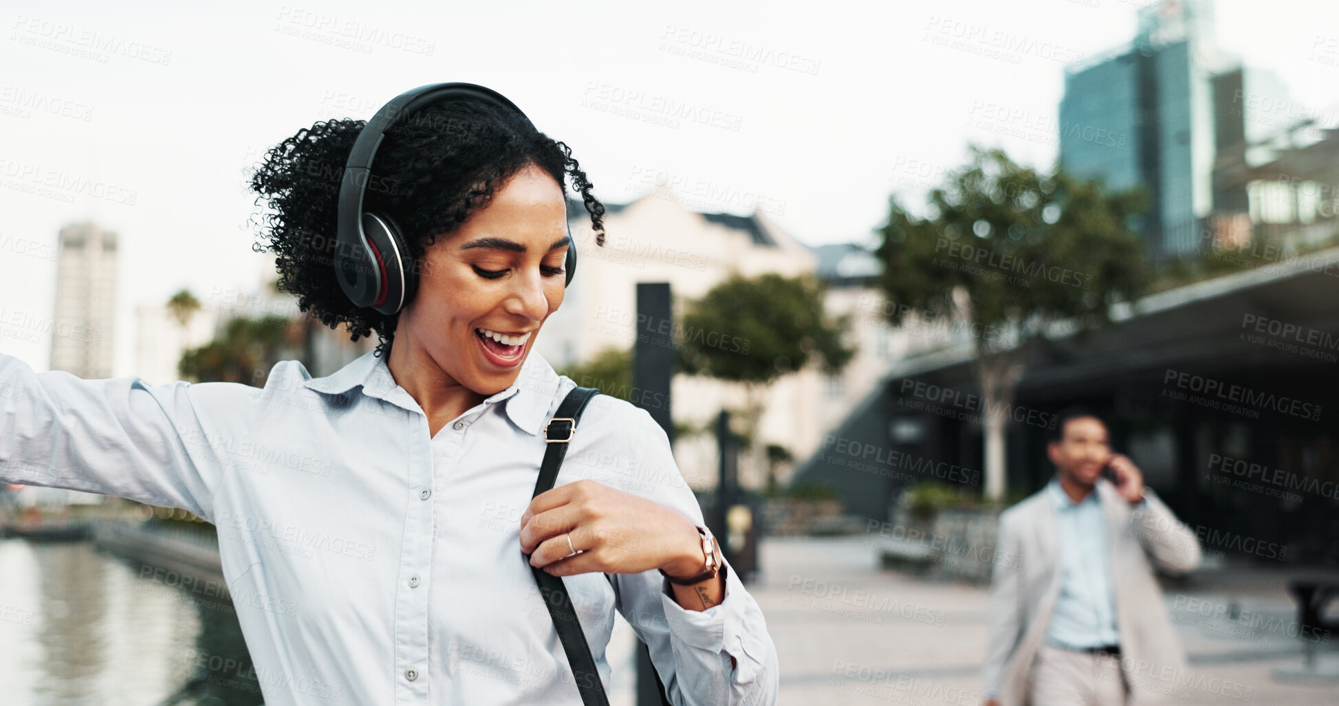 Buy stock photo Business, woman and dancing outdoor with headphones for morning commute, music playlist or streaming audio. Professional, energy and happy in city for job opportunity, sound track and travel to work