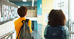 School, hallway and back of children with backpack walking for studying, classroom and learning. Students, campus and kids in hallway with backpack for education, academy and knowledge in morning