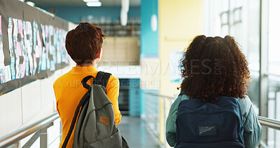 Buy stock photo School, hallway and back of children with backpack walking for studying, classroom and learning on campus. Students, friends and kids in corridor for education, academy and knowledge in morning