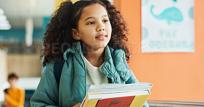 Buy stock photo Student, girl and thinking with books, corridor and backpack for class, lesson or recess at academy campus. Pupil, child and growth for education, development and scholarship in learning or school