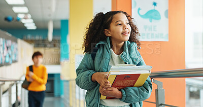 Buy stock photo Student, girl and thinking with books, hallway and backpack for class, lesson or recess at campus or academy. Pupil, child and growth for education, development and scholarship in learning or school