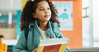 Buy stock photo Student, child and walk with books, hallway and backpack for class, lesson or recess at campus or academy. Pupil, girl and growth for education, development and scholarship in learning or school