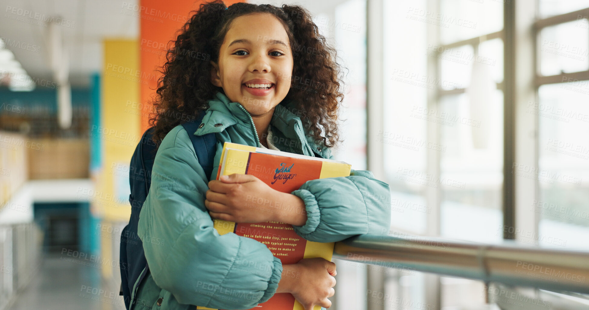 Buy stock photo School, hallway and portrait of girl with books walking for studying, classroom and learning. Students, campus and kids in corridor with backpack for education, academy and knowledge in morning