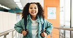 Happy girl, portrait and student with bag at elementary school for growth, education or learning. Face, child or kid with smile, backpack or knowledge for academic future or childhood development