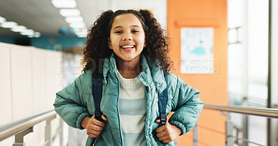 Buy stock photo Happy girl, portrait and student with bag at elementary school for growth, education or learning. Face, child or kid with smile, backpack or knowledge for academic future or childhood development