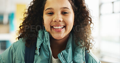 Buy stock photo Education, portrait and student with girl in library for child development, growth or learning. Future, scholarship and study with kid learner at school for classroom lesson, course or knowledge