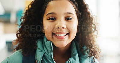 Buy stock photo Happy girl, portrait and student with youth at elementary school for growth, education or learning. Face, child or kid with smile, backpack or knowledge for academic future or childhood development