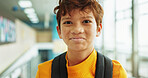 Learning, portrait and student with boy in school for child development, education or growth. Future, knowledge and study with kid learner at academy for classroom lesson. course or scholarship