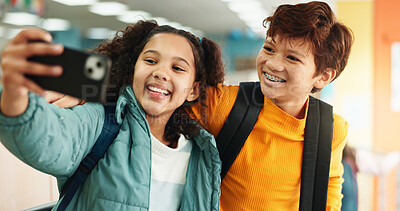 Buy stock photo School, hallway and selfie of children with smile for studying, classroom and learning. Students, campus and kids in corridor with profile picture for education, social media and memory in morning