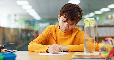 Buy stock photo Boy, education and paper with writing at library for test, study and development with problem solving. Child, notes and solution with learning, assessment or school project with scholarship in hall