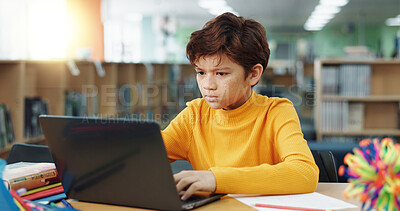 Buy stock photo Student, library and kid on laptop for online class, remote education and e learning with knowledge. Virtual school, development and happy pupil typing on technology for growth on teaching platform