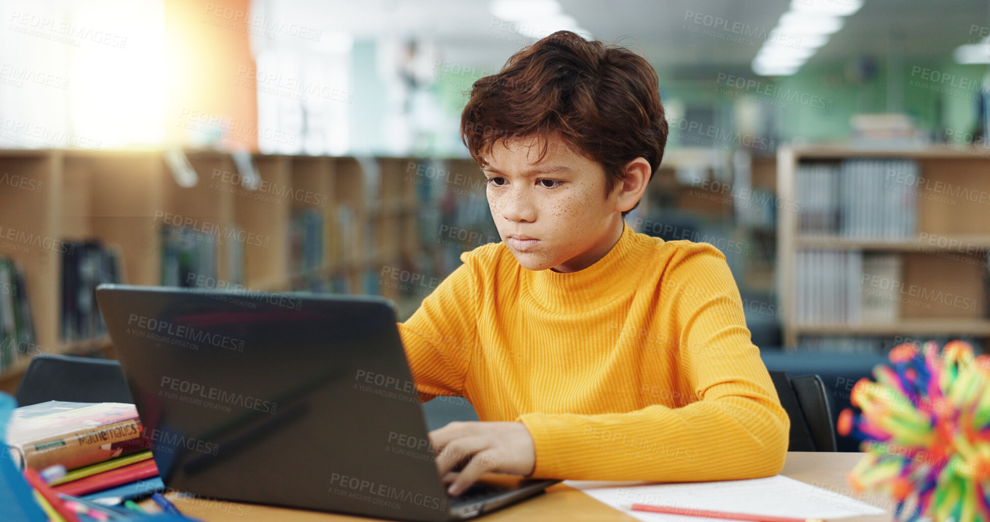 Buy stock photo Student, library and kid on laptop for online class, remote education and e learning with knowledge. Virtual school, development and happy pupil typing on technology for growth on teaching platform