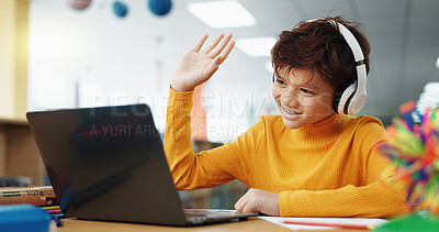 Buy stock photo Student, library and headphones with laptop for video call, e learning or online class with knowledge. Virtual school, development and happy pupil wave on technology for growth on teaching platform