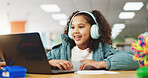 Student, girl and headphones with laptop for video call, e learning or online class for knowledge. Virtual school, development and child on technology for growth on teaching platform in library