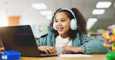 Buy stock photo Student, girl and headphones with laptop for video call, e learning or online class for knowledge. Virtual school, development and child on technology for growth on teaching platform in library