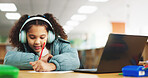 Student, girl and headphones with laptop for writing, e learning or online class for knowledge. Virtual school, development and child on technology for video call on teaching platform in library