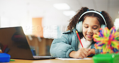 Buy stock photo Student, child and headphones with laptop for writing, e learning or online class for knowledge. Virtual school, development and girl on technology for growth on teaching platform in library
