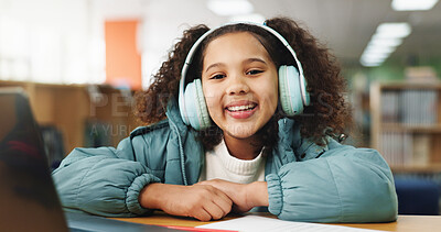 Buy stock photo Elearning, laptop and portrait with girl in library for homework assessment, education portal and online course. Virtual class, student and knowledge platform with kid on campus for child development