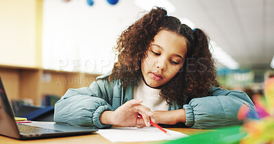 Buy stock photo Student, girl and writing with laptop for assignment, e learning or online class for knowledge. Virtual school, development and child on technology for activity on teaching platform in library