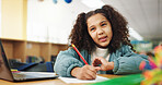 Student, girl and writing with laptop for thinking, e learning or online class for knowledge. Virtual school, development and child on technology for project activity on teaching platform in library