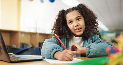 Buy stock photo Child, girl and writing with laptop for thinking, e learning or online class for knowledge. Virtual school, development and student on technology for project activity on teaching platform in library