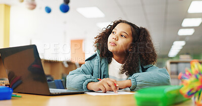 Buy stock photo Student, girl and thinking with laptop for assessment, e learning or online class for knowledge. Virtual school, development and child on technology for activity on teaching platform in library