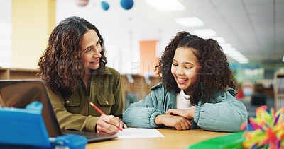 Buy stock photo Education, laptop or writing with student and teacher in library of school for child development. Computer, learning or study with woman and kid at academy for knowledge, lesson or scholarship