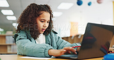 Buy stock photo Student, girl and typing with laptop for exam, e learning or online class for knowledge. Virtual school, development and child on technology for project activity on teaching platform in library