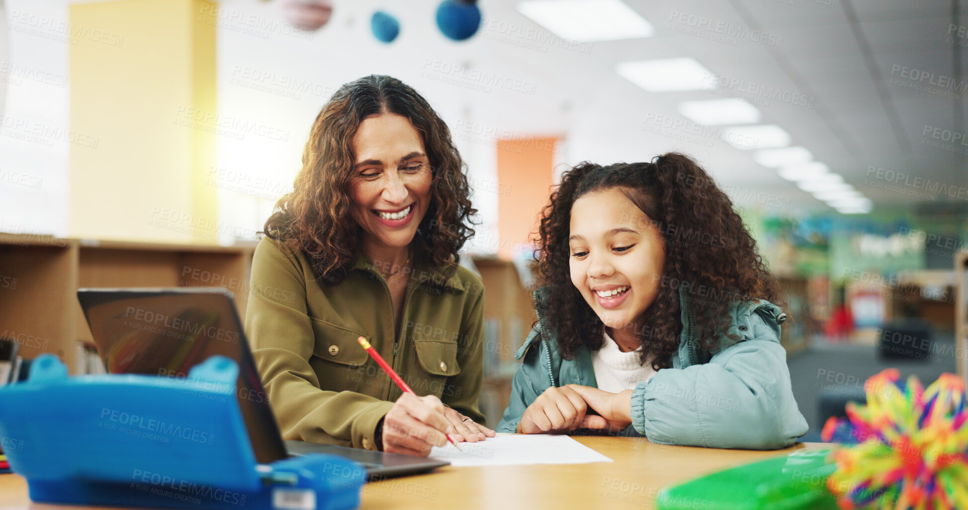 Buy stock photo Education, learning or writing with student and teacher in library of school for child development. Laptop, lesson or scholarship with woman educator and kids at academy for assignment or notes