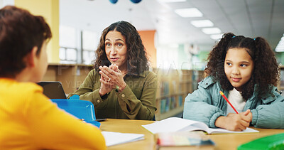 Buy stock photo Applause, education or study with students and teacher in library of school for child development. Learning, lesson or scholarship with kids and woman clapping for achievement or success at academy