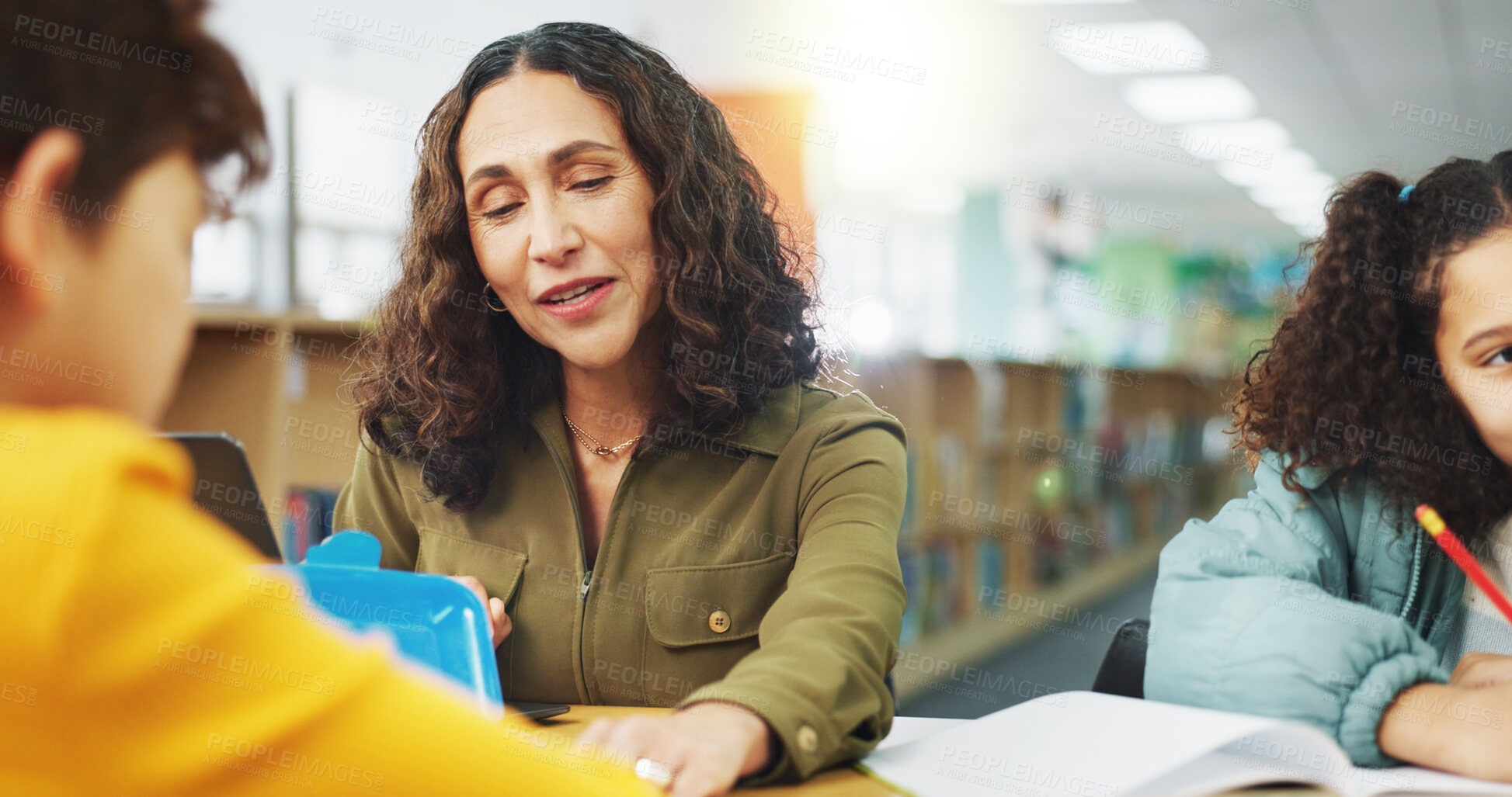 Buy stock photo Education, learning or study with students and teacher in library of school for child development. Knowledge, lesson or scholarship with woman educator and kids at academy for elementary assignment