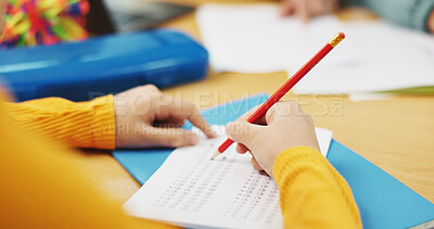 Buy stock photo Education, student and hands with test answer for multiple choice assessment, academic evaluation or exam. Classroom, person and writing school questionnaire for scholarship, knowledge or quiz option
