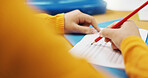 Education, student and hands with quiz answer for multiple choice assessment, learning evaluation and exam. Classroom, person and writing school questionnaire for scholarship, knowledge or test sheet