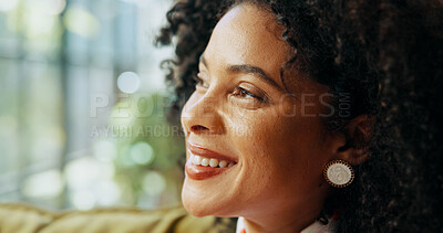 Buy stock photo Thinking, happy and woman relaxing in home on weekend with memory, self reflection or daydreaming. Smile, calm and female person with decision, choice or peaceful morning on sofa in apartment.