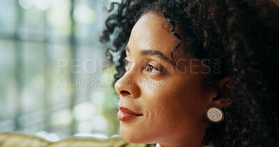 Buy stock photo Thinking, calm and woman relaxing in home on weekend with memory, self reflection or daydreaming. Mindfulness, fantasy and female person with decision, choice or peaceful morning on sofa in apartment